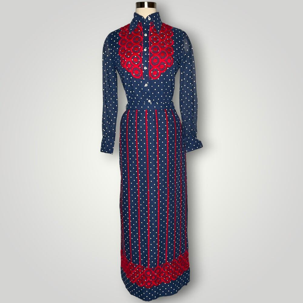 Vintage Susan Thomas Skirt Set Red Blue Polka Dot Embroidery Mod Women's Sm E